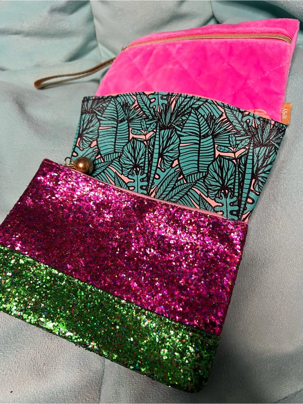 ipsy Pink Glitter, Green Glitter & Teal Patterned Cosmetic Pouch Trio